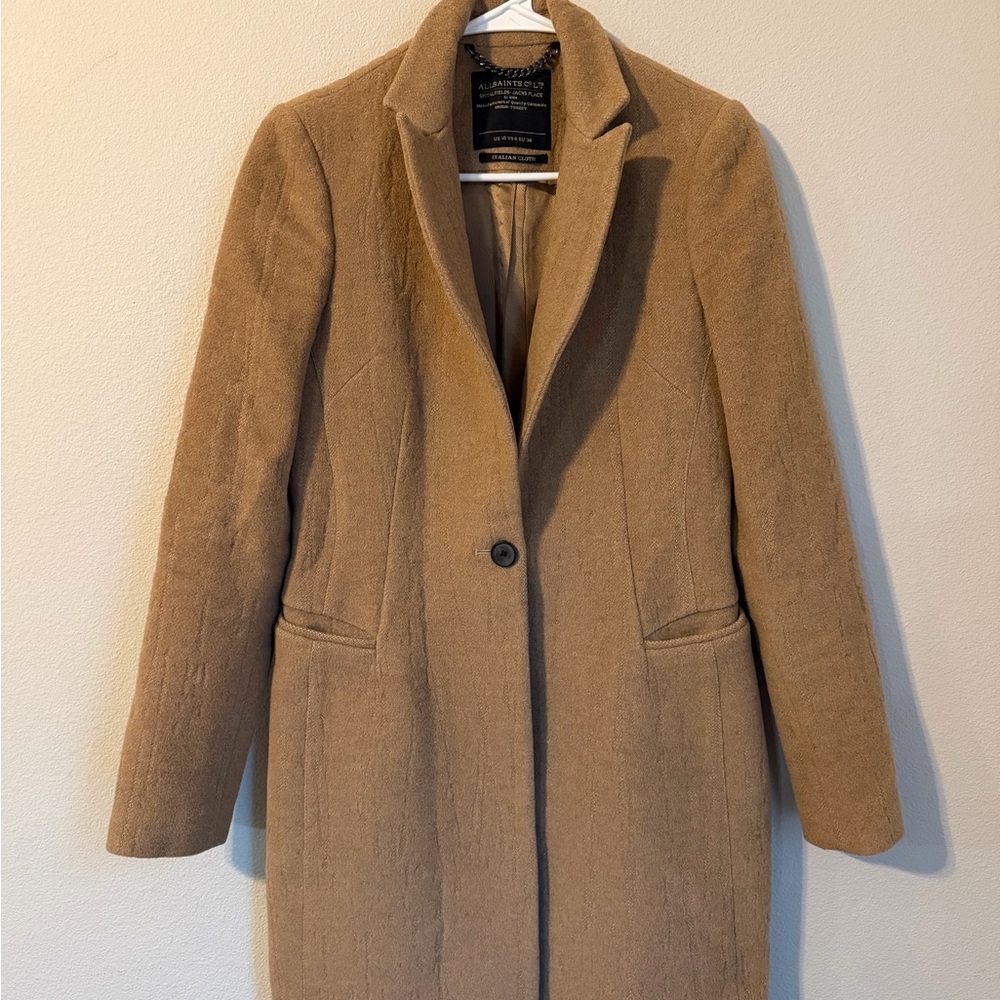 Women’s All Saints Coat Wool Camel Blend Size 6 Nikol Jacket Quiet Luxury
